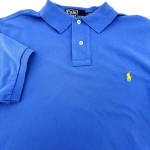 Ralph Lauren Mens M‎ Polo Shirt Custom Fit Short Sleeve Pique Blue Yellow Pony